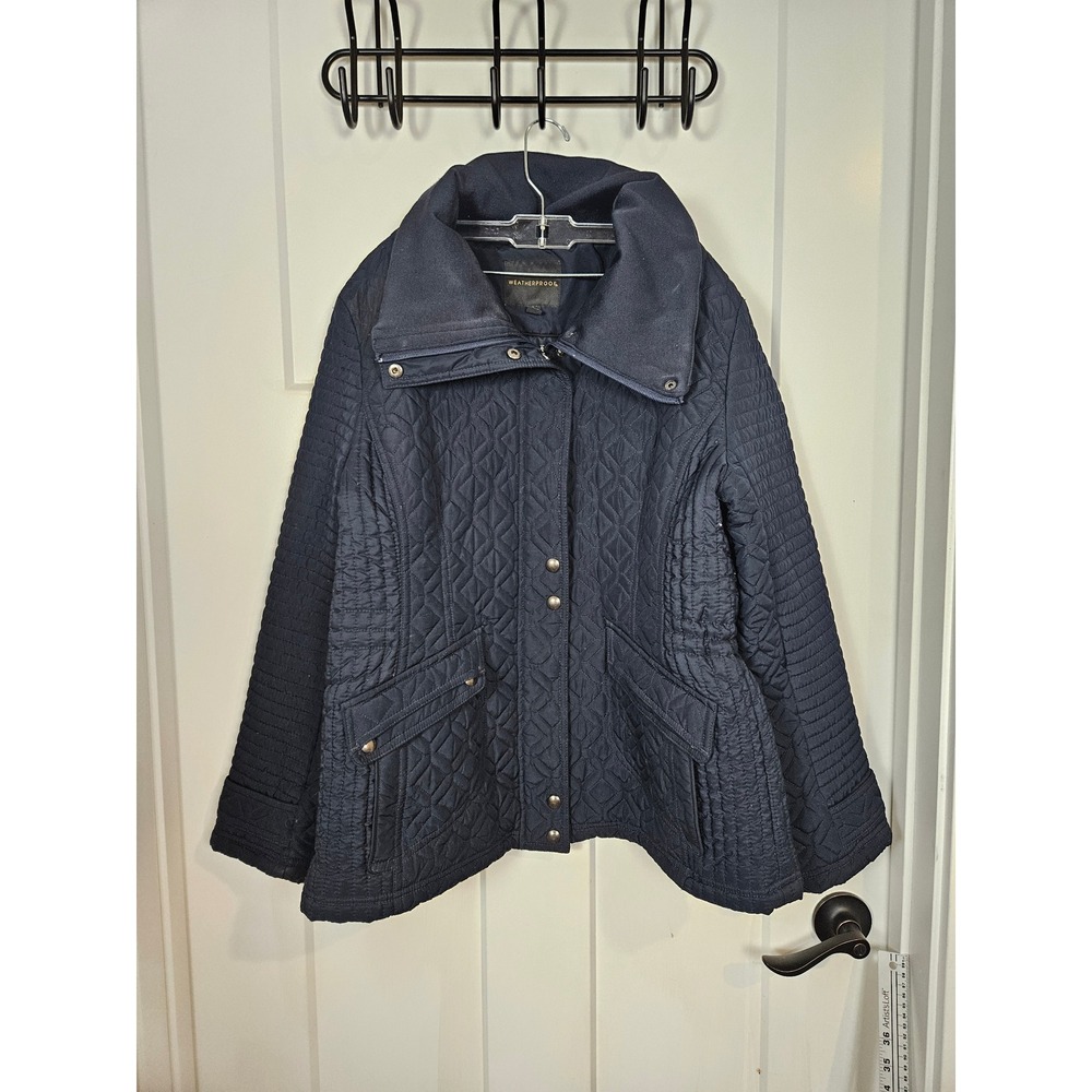 Weatherproof Navy Blue Quilted Funnel Neck Jacket Adjustable Waist Womens Large
